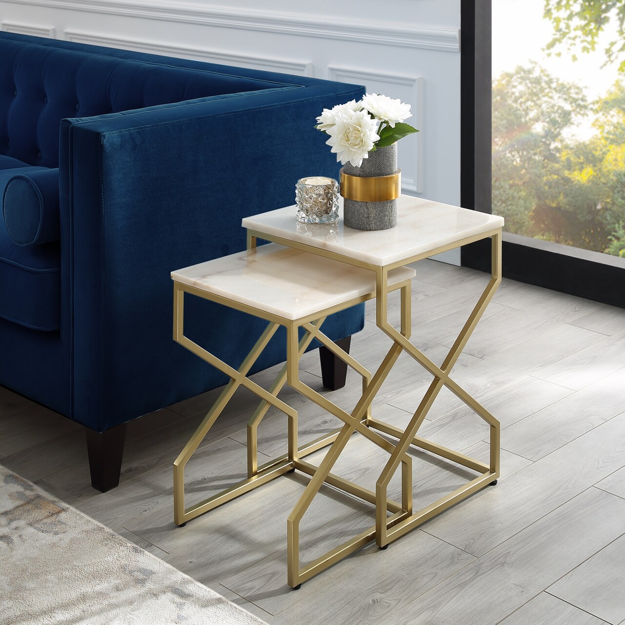 Mikio Square Marble Top Metal Base X-Leg Nesting End Table Set of 2